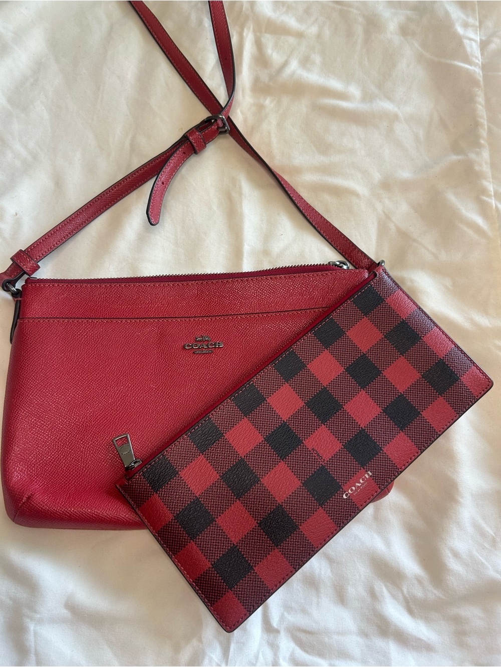 Coach Red Leather Crossbody with Red & Black Plaid Wristlet